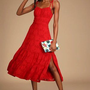 Lulus Sweet Sentiments Red Jacquard Tiered Midi Dress